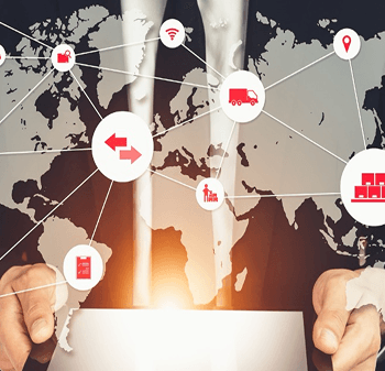 Artificial Intelligence robot hand interacting with a logistics network, representing AI in supply chain